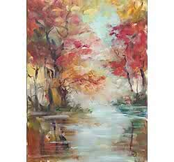 Картина маслом "Между небом и водой", осенние деревья над речкой