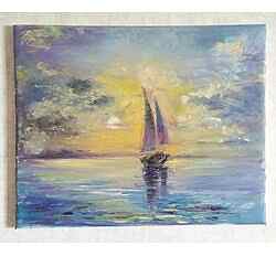 Картина маслом "Парусник на закате" с ласковым вечерним морем