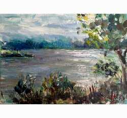 День подходит к концу, солнце опускается ниже и на серебристой воде появляется поблёскивающая дорожка, художник нина Дивинская