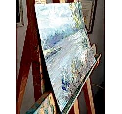 Картина с серебристой рекой на грунтованном картоне