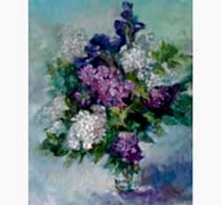 Картина "Весеннее настроение"  с букетом из сирени и ирисов художника Нина Дивинская Алматы