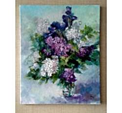 "Весеннее на строение" с цветами сирени и ирисов на холсте