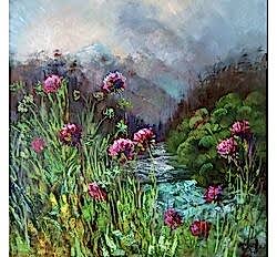 Изображение горного пейзажа с яркими цветами на переднем плане художницы Нины Дивинской