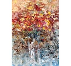 Картина маслом "Межсезонье" с абстрактным букетом цветов в ледяной вазе