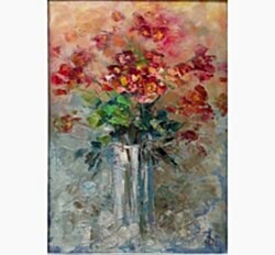 Картина маслом "Межсезонье" с абстрактным букетом цветов в ледяной вазе