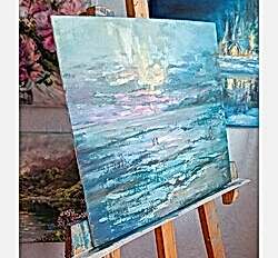 Холст на картоне с изображение морского заката на тёплом море