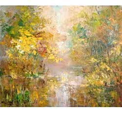 Изображение золотистой природы на картине "Осенняя мечта" автор Нина Дивинская (Алматы)