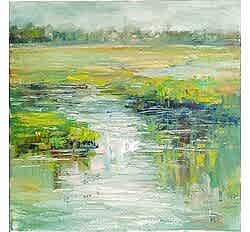 Пейзаж нежно-зелёного поля, залитого водой художник Нина Дивинская