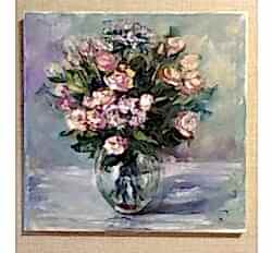 Картина маслом "Розовый буке" цветы в прозрачной вазе