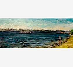 Изображение на картине "Течет река" с панорамой города Алматы