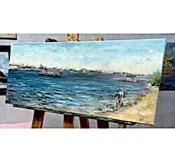 Полотно "Течет река долго" на мольберте