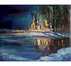 Картина "Тёплый свет" с зимним пейзажем художник Нина Дивинская Алматы