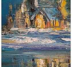 Увеличенный фрагмент картины маслом "Тёплый свет" в зимнем лесу